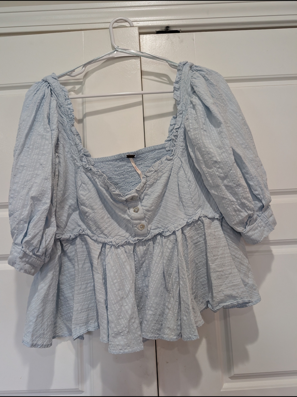 Free People Blue Smocked Babydoll Top Puff Sleeve S